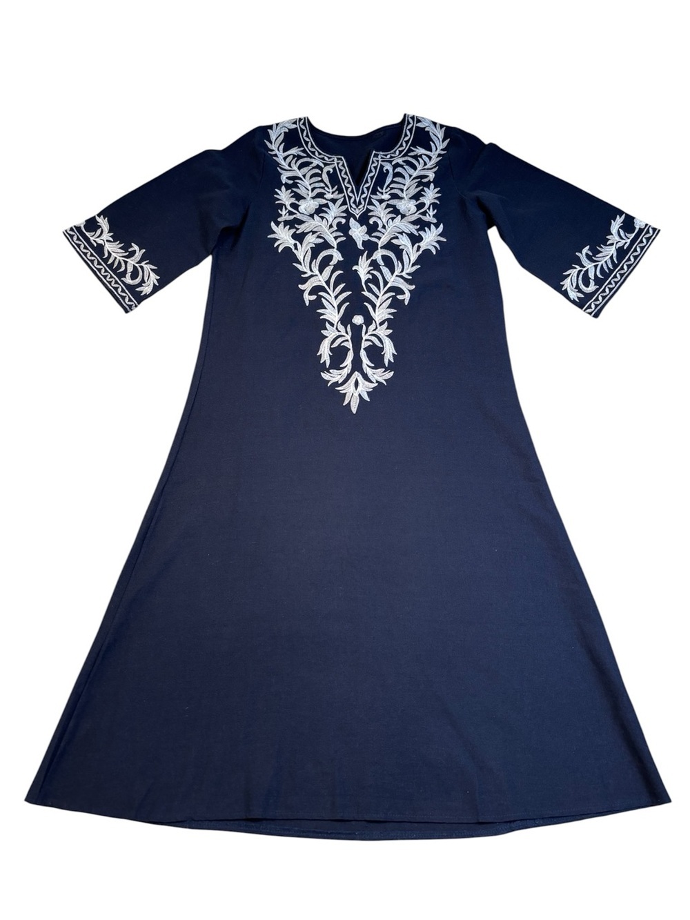 Navy Maxi Dress with White Embroidered V-Front